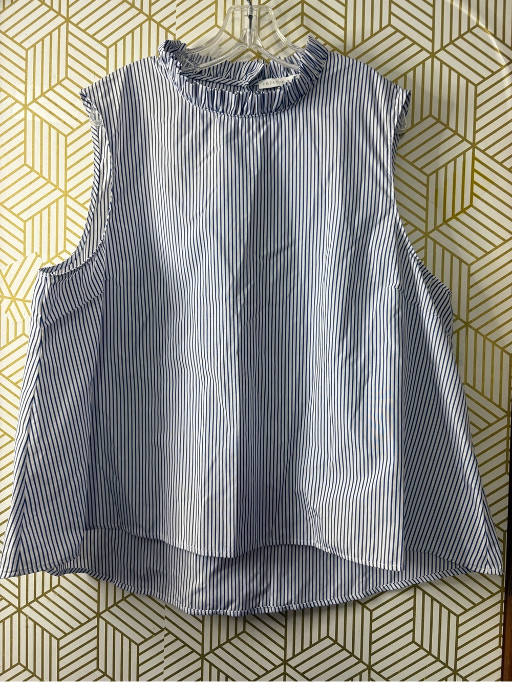 Preston & York Striped Sleeveless Ruffle Neck Top - Blue/White size 18